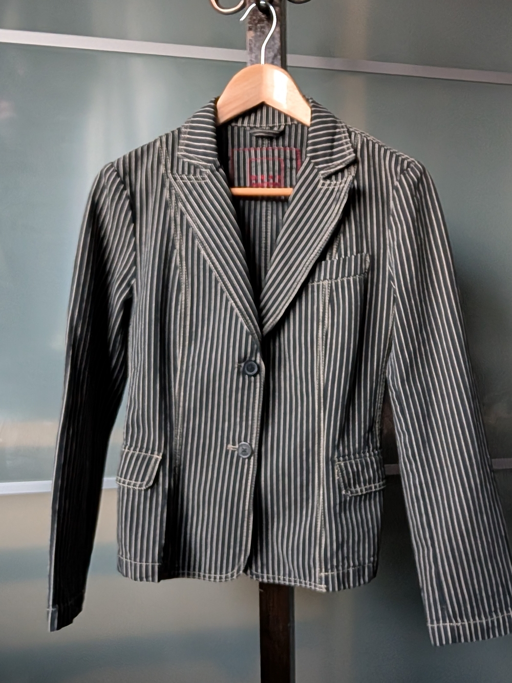 📼Vintage Mexx 100% Cotton Grey And White Striped Tailored Jean Blazer